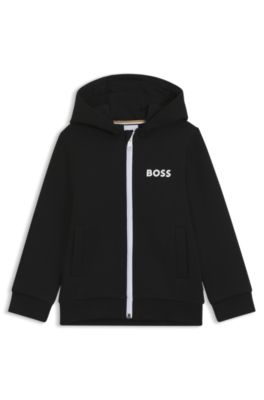 Sweat &agrave; capuche zipp&eacute; en coton m&eacute;lang&eacute; avec logo imprim&eacute;, Noir