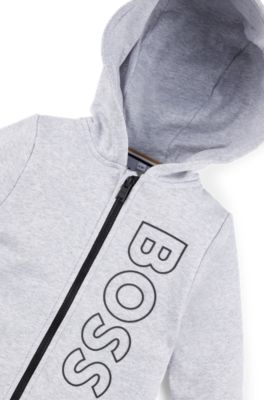 Sweat &agrave; capuche zipp&eacute; en coton m&eacute;lang&eacute; avec logo vertical, Gris chin&eacute;