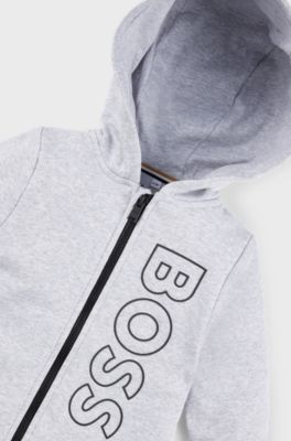 Kids' cotton-blend zip-up hoodie with vertical logo, Light Grey