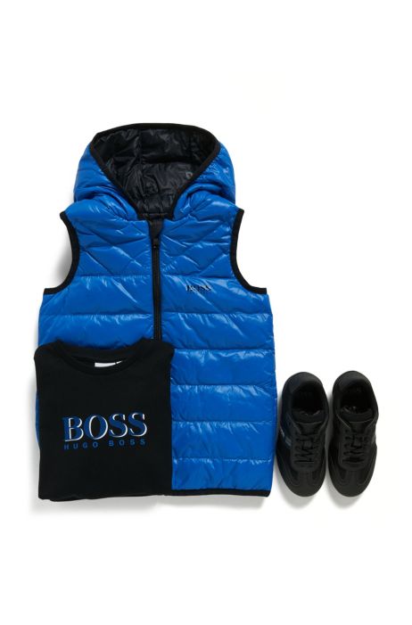 Boss Doudoune Sans Manches Reversible Pour Enfant A Capuche Et Logos