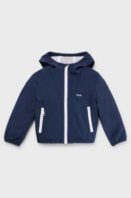 Kids' water-repellent hooded windbreaker jacket with printed logo, Dark Blue