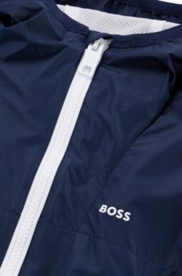 Kids' water-repellent hooded windbreaker jacket with printed logo, Dark Blue