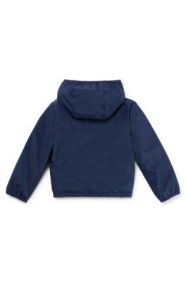 Kids' water-repellent hooded windbreaker jacket with printed logo, Dark Blue