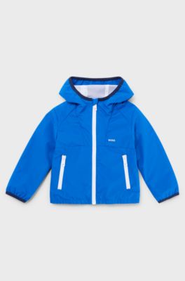 Kids' water-repellent hooded windbreaker jacket with printed logo, Blue