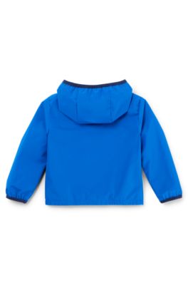 Kids' water-repellent hooded windbreaker jacket with printed logo, Blue