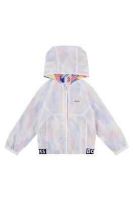 Kids' water-repellent hooded windbreaker jacket with printed lining, White