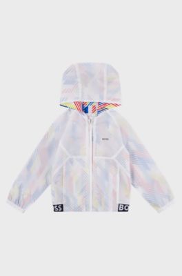 Kids' water-repellent hooded windbreaker jacket with printed lining, White