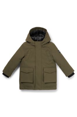 Kids' hooded parka jacket with logo placket, Dark Green