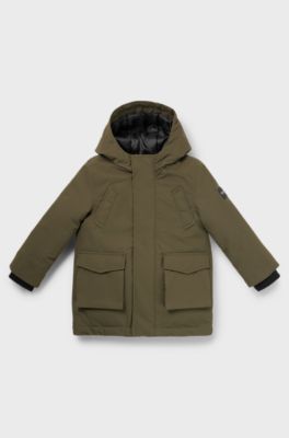 Kids' hooded parka jacket with logo placket, Dark Green