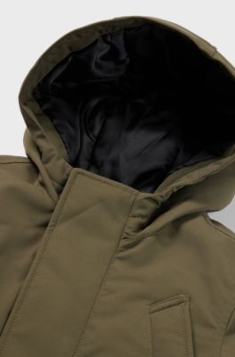 Kids' hooded parka jacket with logo placket, Dark Green