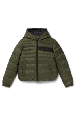 Kids' water-repellent reversible hooded jacket with logo details, Dark Green