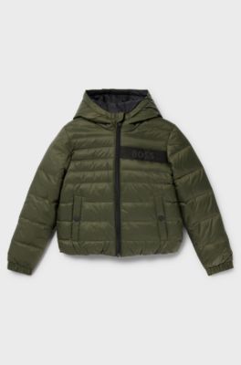 Kids' water-repellent reversible hooded jacket with logo details, Dark Green