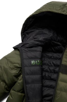 Kids' water-repellent reversible hooded jacket with logo details, Dark Green