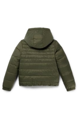 Kids' water-repellent reversible hooded jacket with logo details, Dark Green