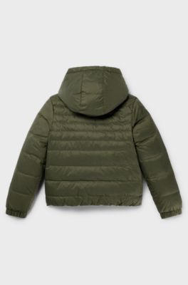 Kids' water-repellent reversible hooded jacket with logo details, Dark Green