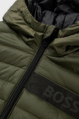 Kids' water-repellent reversible hooded jacket with logo details, Dark Green