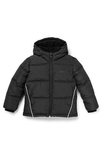 Kids' hooded jacket with logo details and padding, Black