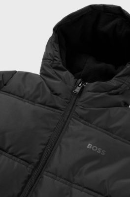 Kids' hooded jacket with logo details and padding, Black