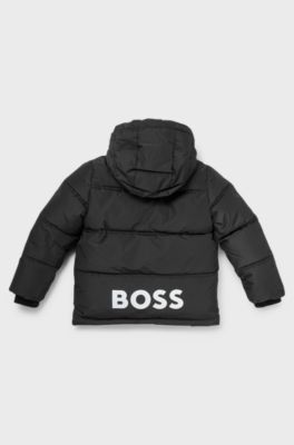 Kids' hooded jacket with logo details and padding, Black