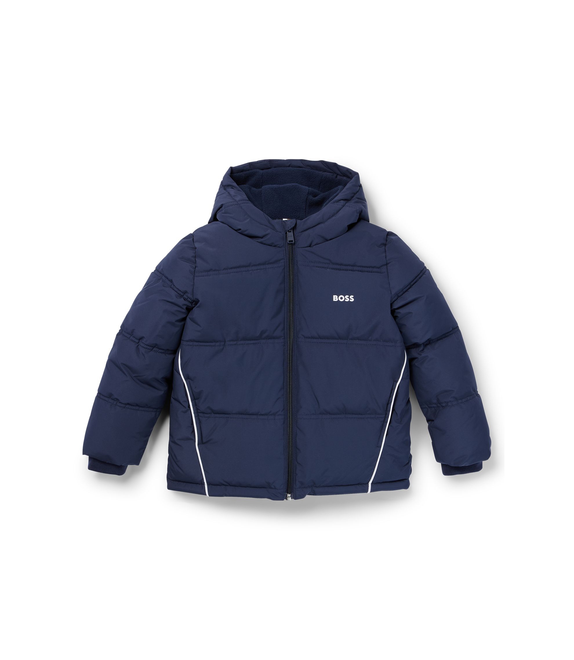 BOSS - Kids' hooded jacket with logo details and padding - Dark Blue