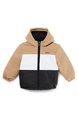 Kids' hooded water-repellent jacket with logo details, Brown