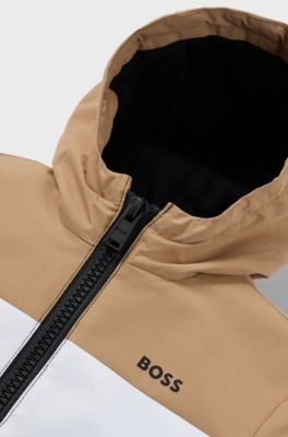 Kids' hooded water-repellent jacket with logo details, Brown