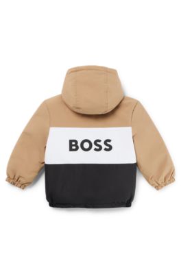 Kids' hooded water-repellent jacket with logo details, Brown