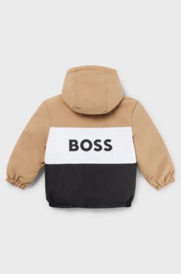 Kids' hooded water-repellent jacket with logo details, Brown