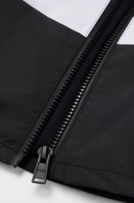 Kids' hooded water-repellent jacket with logo details, Brown