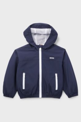 Kids' waterproof hooded jacket with logo print, Dark Blue