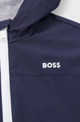 Kids' waterproof hooded jacket with logo print, Dark Blue