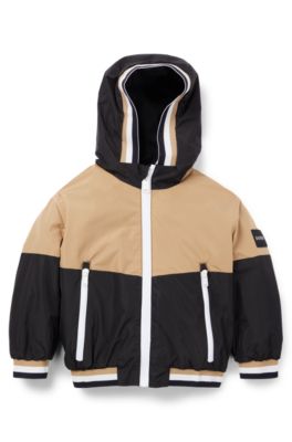 Kids' waterproof hooded jacket with signature stripes, Black