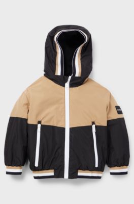 Kids' waterproof hooded jacket with signature stripes, Black