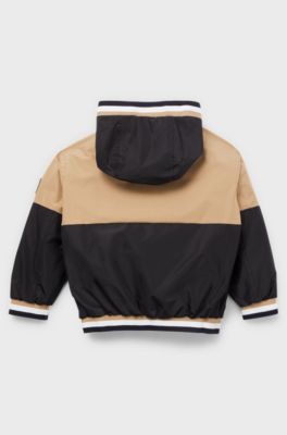 Kids' waterproof hooded jacket with signature stripes, Black
