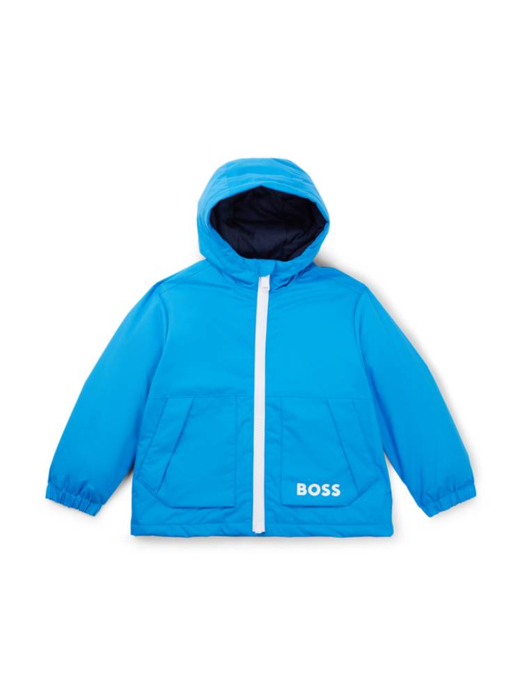 Artikel klicken und genauer betrachten! - BOSS Kinder-Windbreaker mit Kapuze aus einem Material-Mix, der bei Kontakt mit Wasser ein charakteristisches Monogramm-Muster aufweist. | im Online Shop kaufen