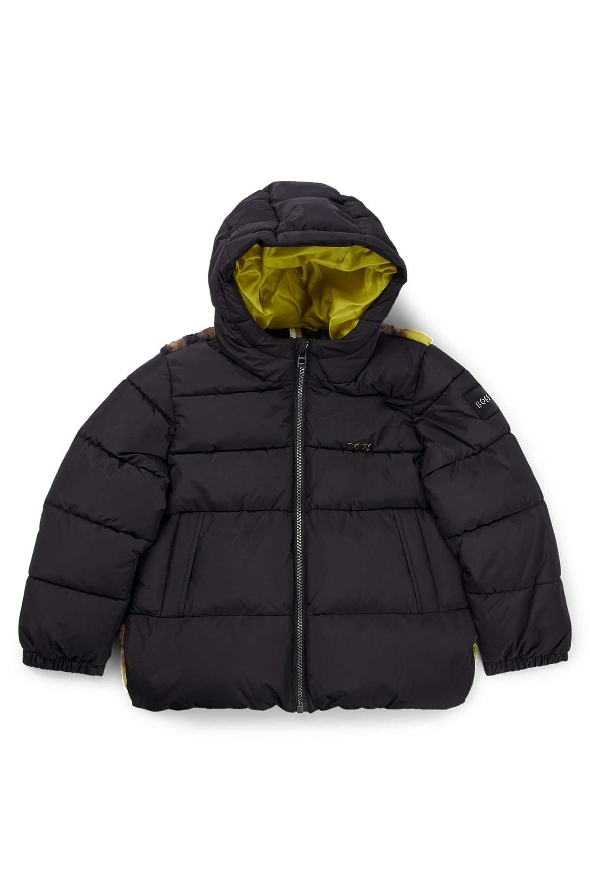 Kids' hooded jacket with camouflage sherpa back, Black