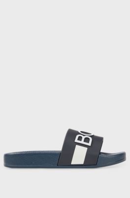 Kids' slides with 3D stripe and logo, Dark Blue
