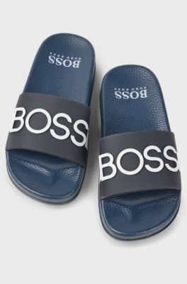 Kids' slides with 3D stripe and logo, Dark Blue