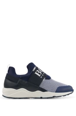 Kids' trainers in mixed materials with branded elasticated strap, Dark Blue