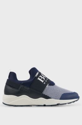 Kids' trainers in mixed materials with branded elasticated strap, Dark Blue