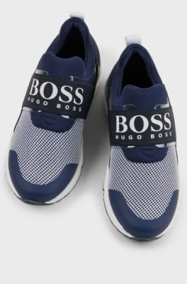 Kids' trainers in mixed materials with branded elasticated strap, Dark Blue