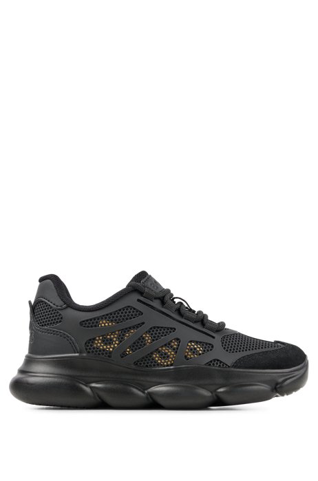 Kids' trainers in mixed materials with gold-tone logo, Black