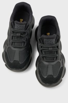 Kids' trainers in mixed materials with gold-tone logo, Black
