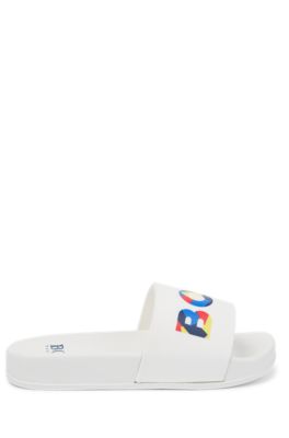 Kids' slides with multi-coloured logo print, White