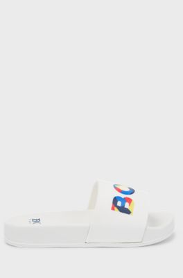 Kids' slides with multi-coloured logo print, White