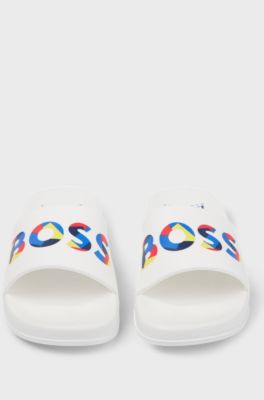 Kids' slides with multi-coloured logo print, White