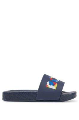 Kids' slides with multi-coloured logo print, Dark Blue