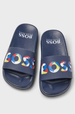 Kids' slides with multi-coloured logo print, Dark Blue