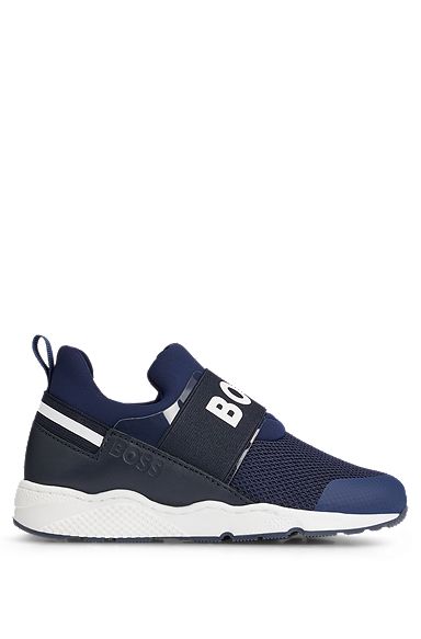 Kids' mixed-material trainers with branded elastic strap, Dark Blue