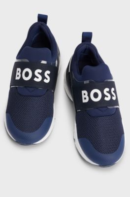 Kids' mixed-material trainers with branded elastic strap, Dark Blue